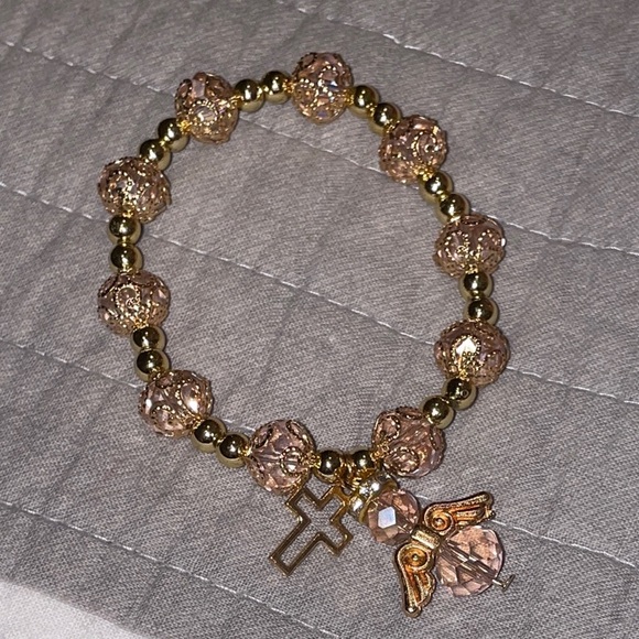 Cross and Angel Charmed Gold Beaded Bracelet - Picture 3 of 4